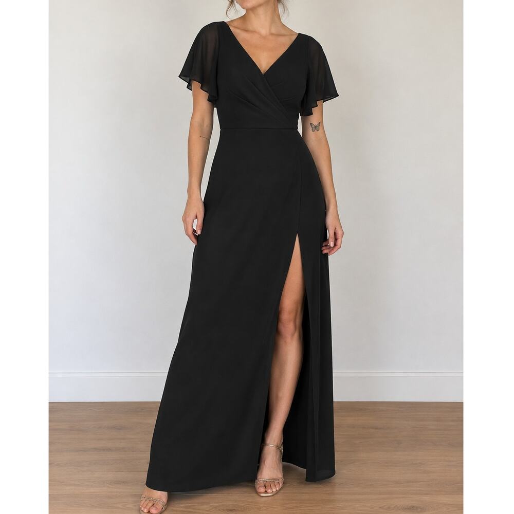 Azazie Ambrosia Black A-Line Chiffon Dress A8 Size 6 Cocktail Formal High Slit